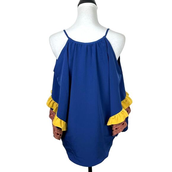 VaVa by Joy Han Royal Blue Cold Shoulder Ruffle Lace Trim Blouse - Picture 3 of 11